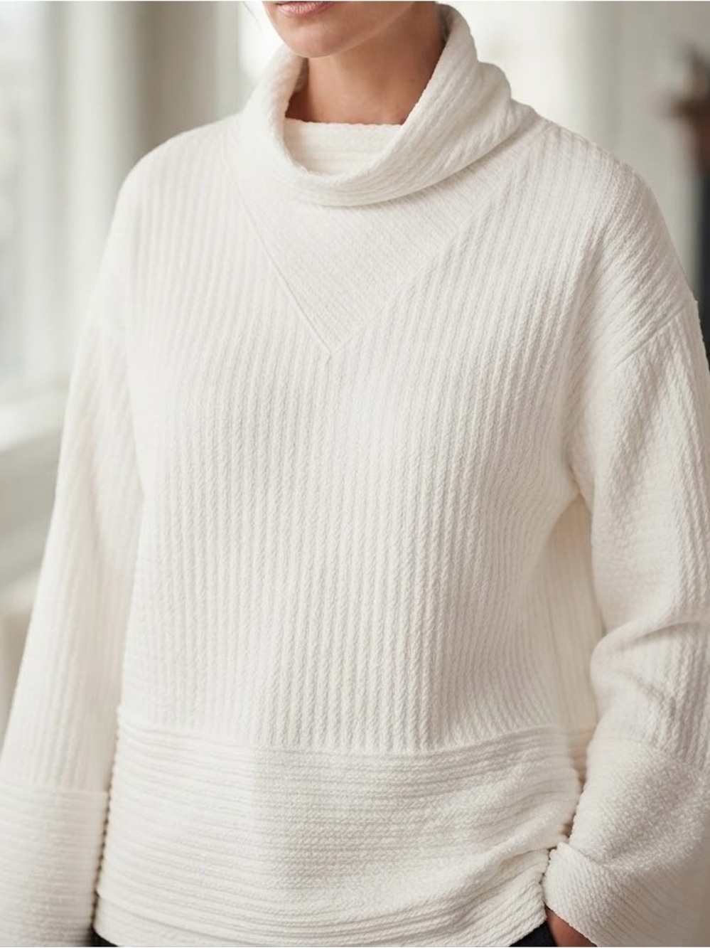 Tahari Sport Ivory Ribbed Cowl Neck Sweater Size S